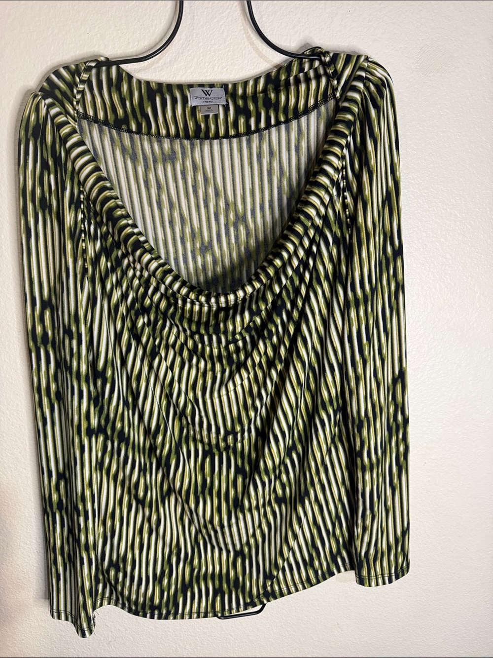 Worthington Green and Black Cowl-Neck Long Sleeve Top